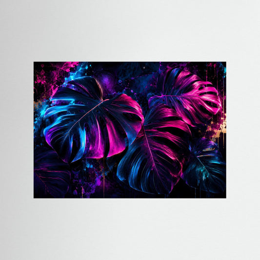 Neon-Monstera-Wandbild mit abstrakten Blättern in Pink, Blau und dunklem Violett