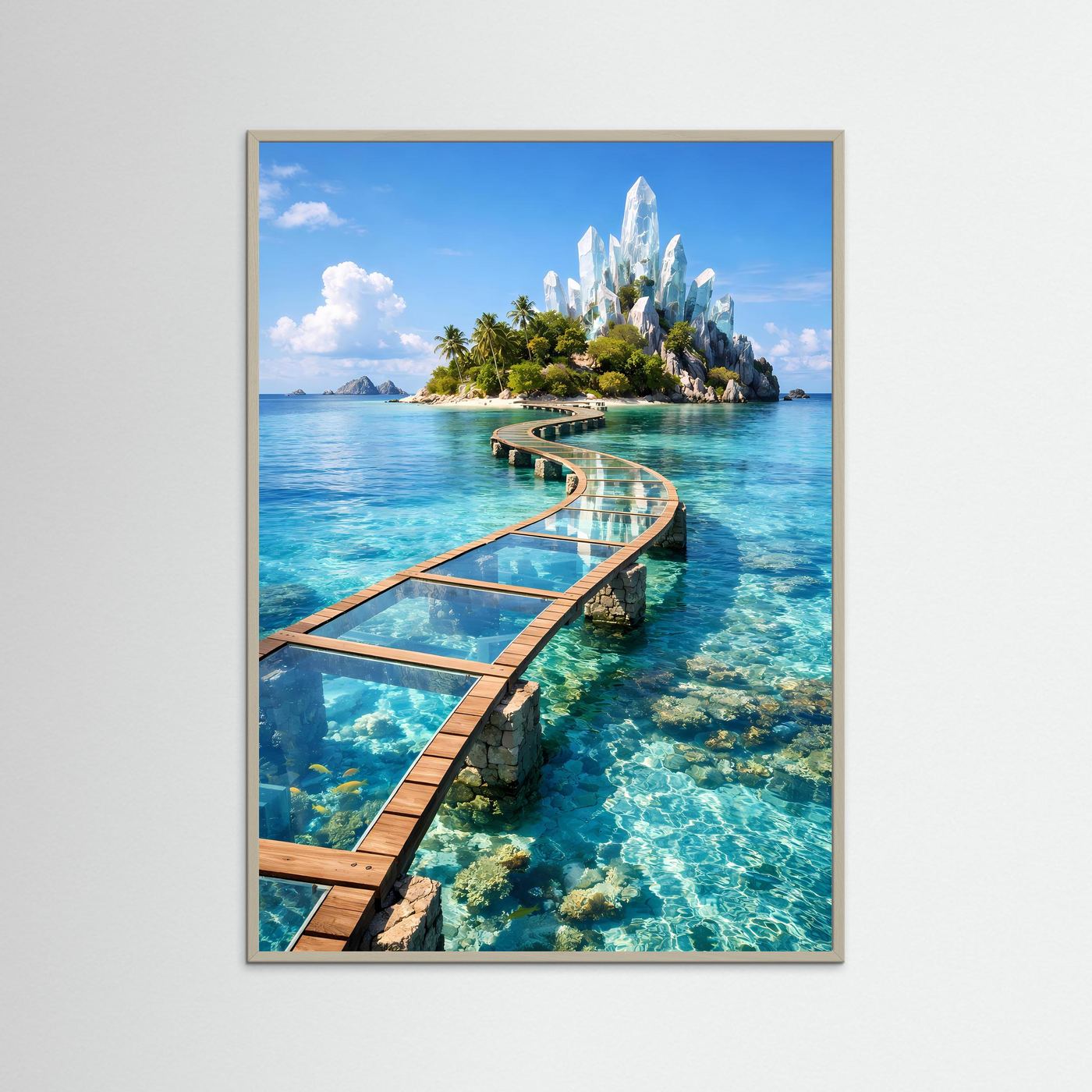 Türkisblaues Fantasy-Poster mit gläsernem Steg auf Insel, im hellbraunen Rahmen