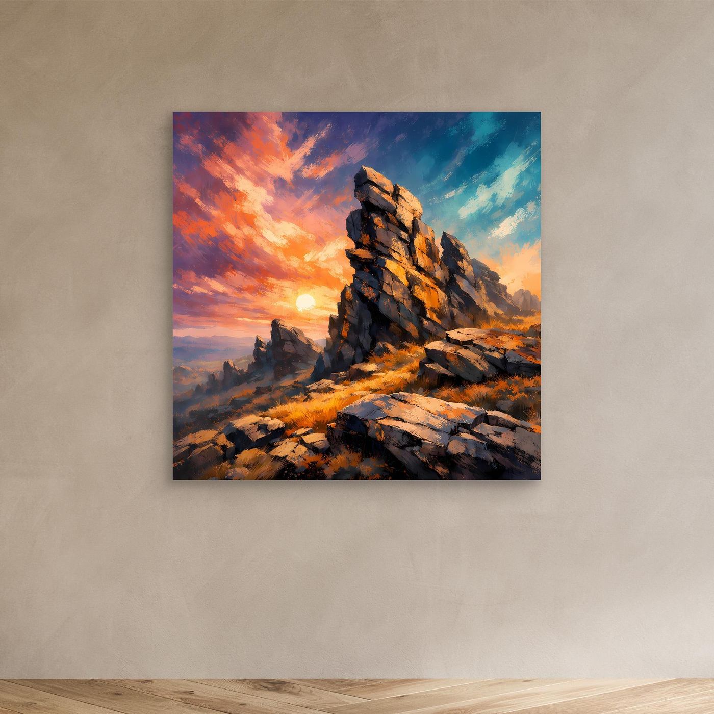 Premium Leinwand Monumentale Felsformation im Sonnenuntergang | Abstraktes Gebirge Wandbild
