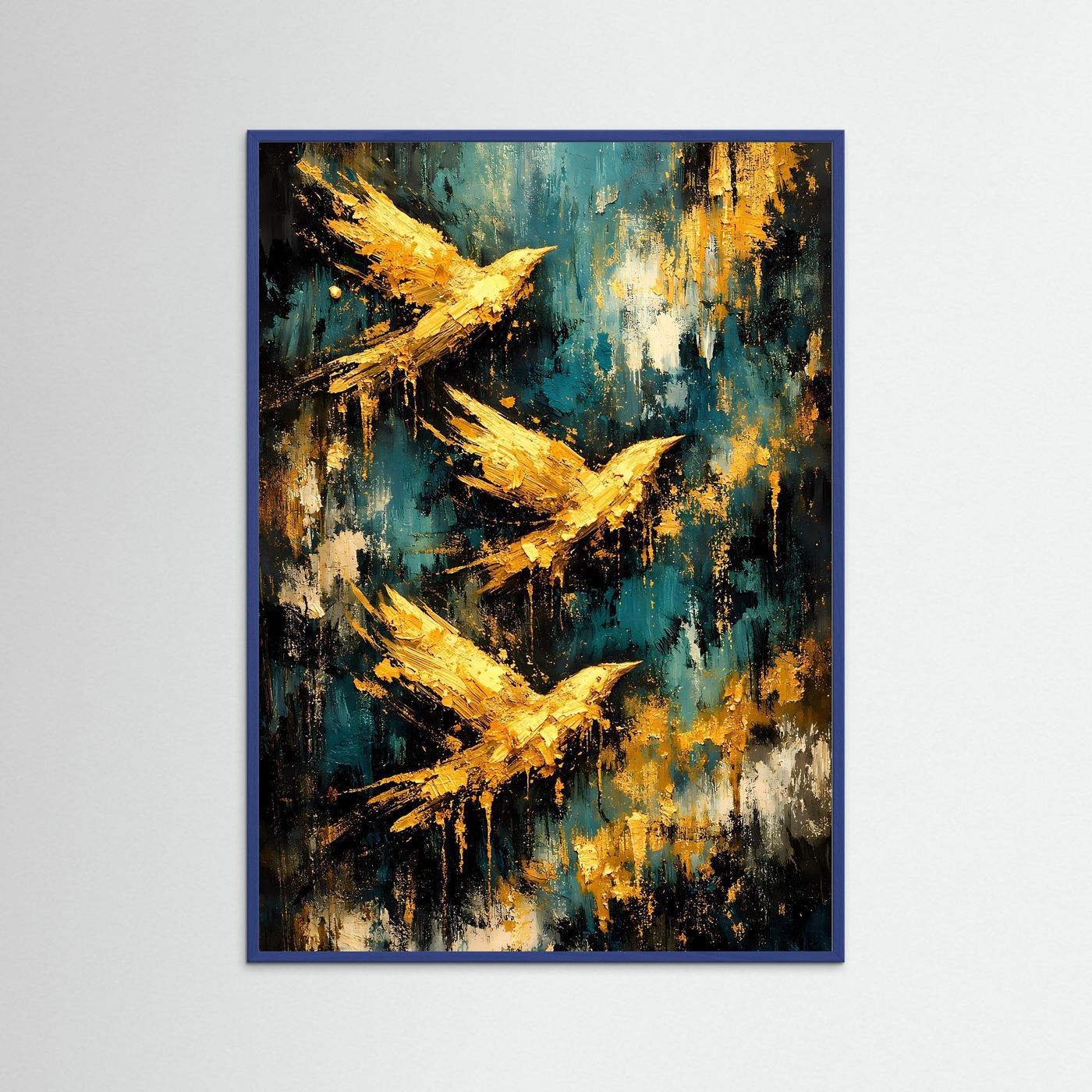 Vögel-Poster im blauen Rahmen: goldene Vögel im Flug auf türkis-blauem abstraktem Grund