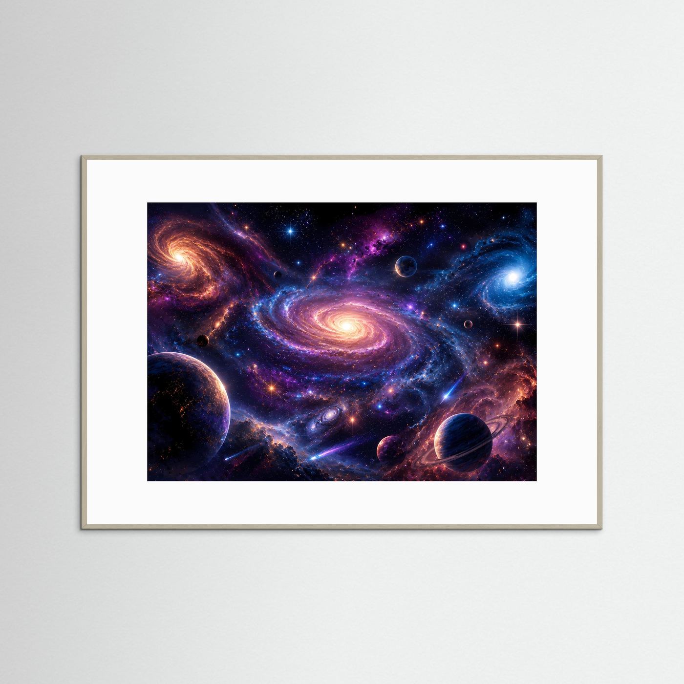 Galaxien-Poster im Querformat, graubeige gerahmt, mit weißem Passepartout und Spiralnebel