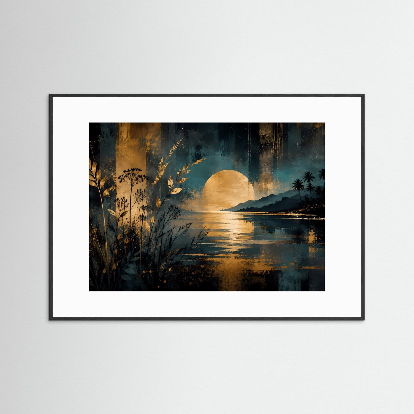 Poster im Querformat mit schwarzem Rahmen und weißem Passepartout: tropische Küste, goldene Sonne.
