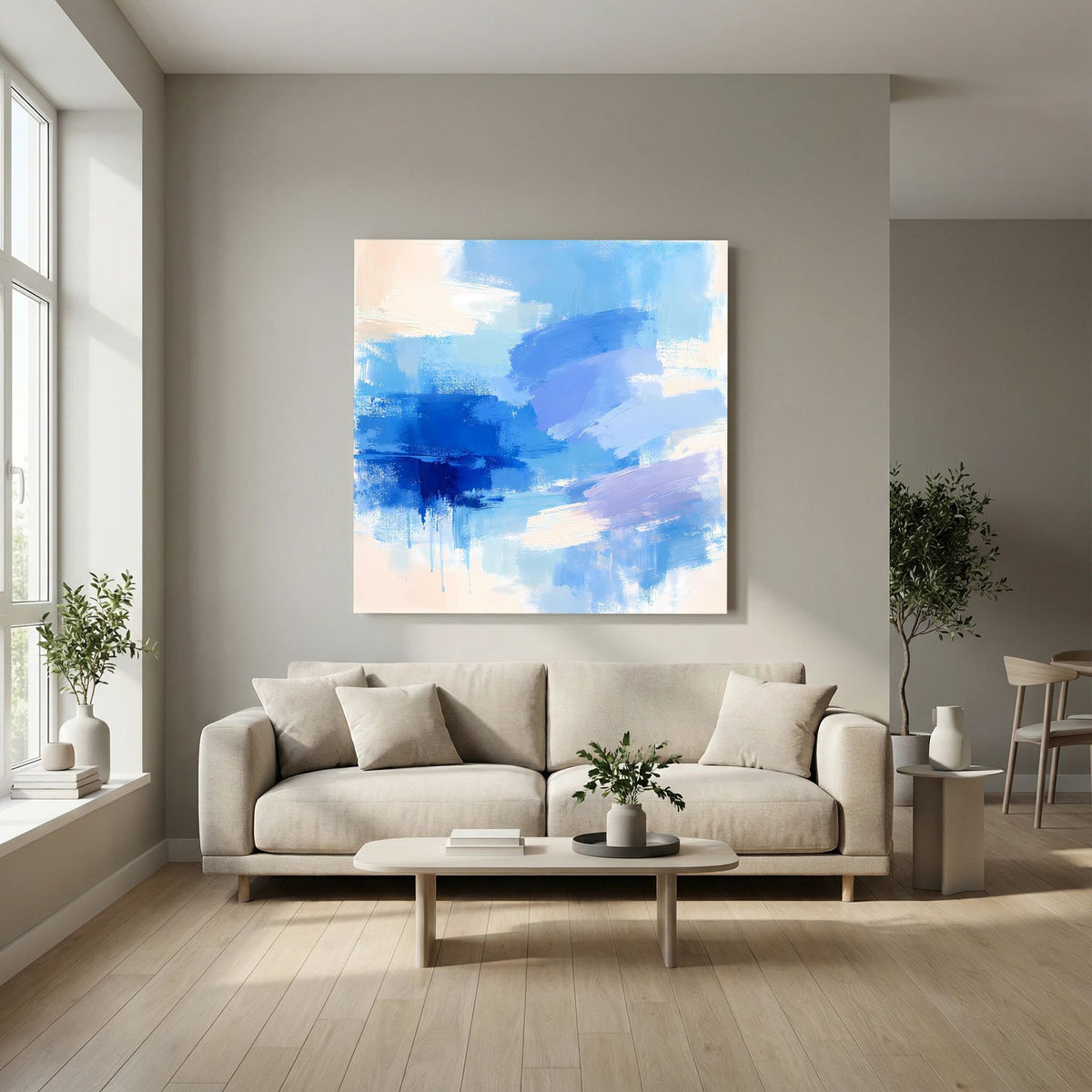 Leinwand Abstrakte Blaue Pinselstriche | Modernes Minimalistisches Wandbild Meer