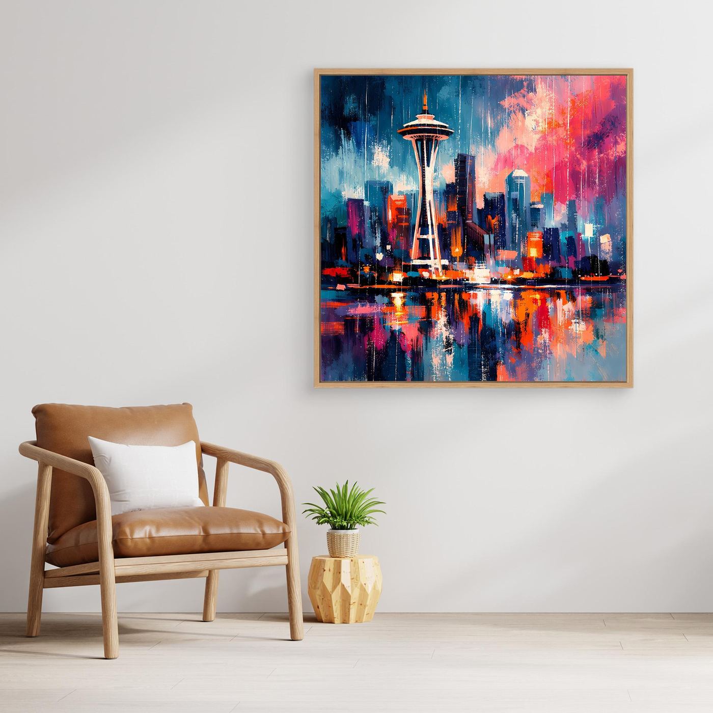 Leinwand-Wandbild mit Space Needle und Skyline bei Nacht, mit goldfarbenem Rahmen