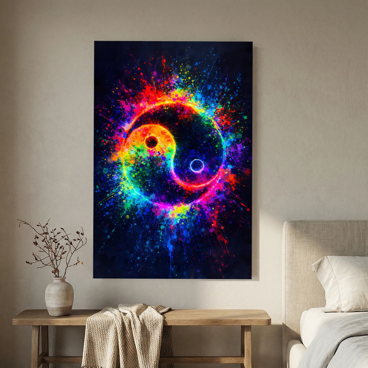 Yin-Yang-Hochformatposter mit Regenbogenverlauf, Sprenkel-Optik und leuchtenden Konturen