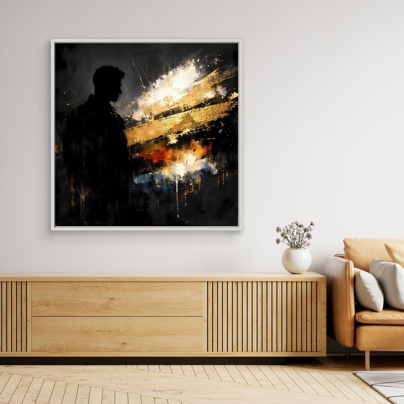Leinwand Markante Silhouette in Gold und Schwarz | Modernes Abstraktes Männer Portrait Wandbild