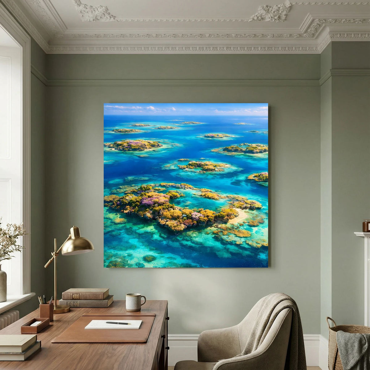 Quadratisches Leinwandbild auf Holzkeilrahmen mit tropischem Inselmeer im türkisblauen Wasser