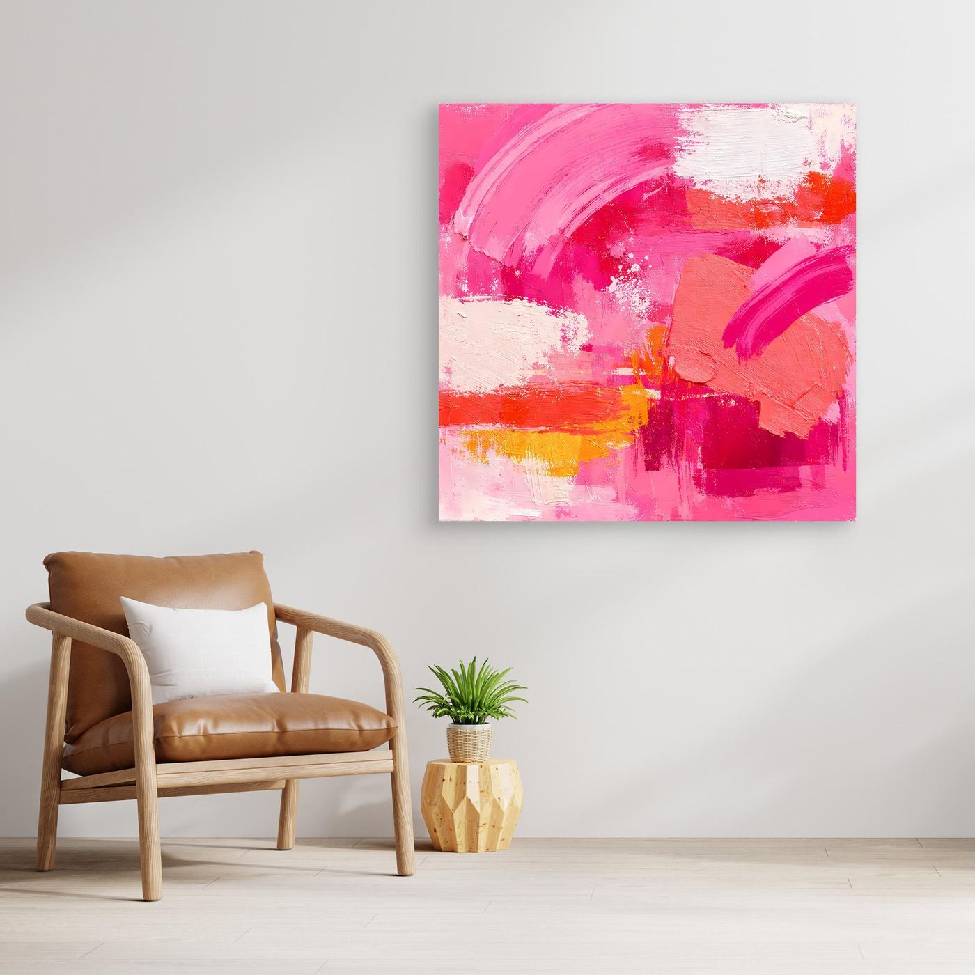 Abstraktes Leinwand-Wandbild mit pinken und weißen Pinselspuren