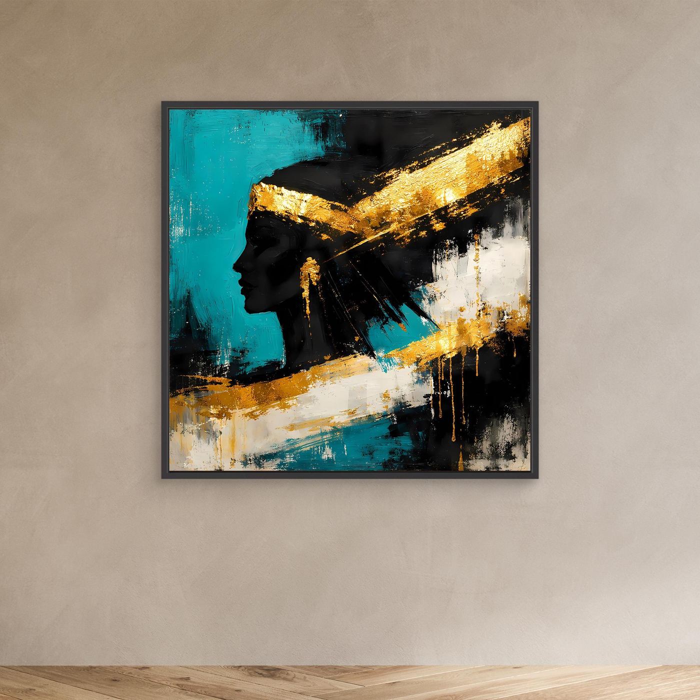 Abstraktes Leinwand-Wandbild mit Frauensilhouette, Schwarz-Türkis-Gold, im dunklen Rahmen