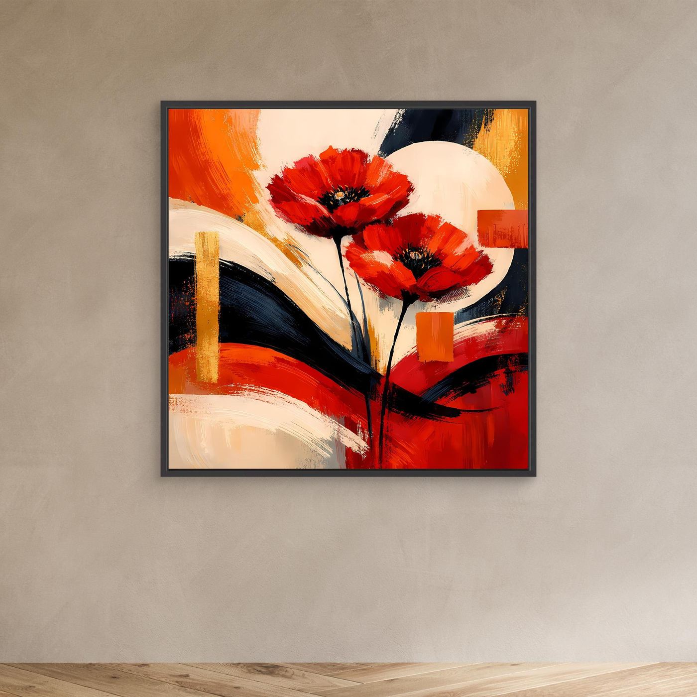 Abstraktes Leinwandbild mit roten Mohnblüten, im dunkleren Rahmen, mit beigem Kreisdetail