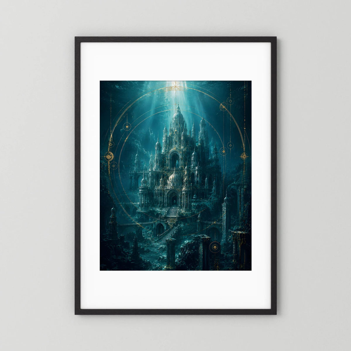 Kunstposter mit schwarzem Rahmen und weißem Rand, Unterwasserstadt in Türkis & Gold