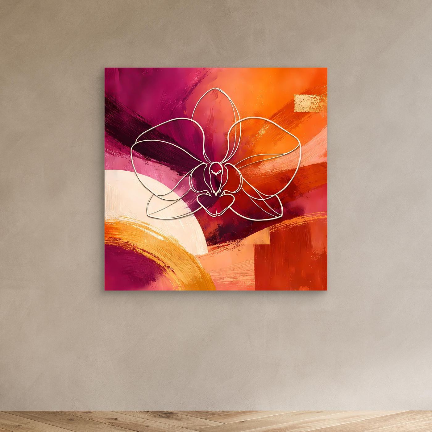 Leinwandbild mit abstrakter Orchidee in Magenta- und Orangetönen, ohne sichtbaren Rahmen