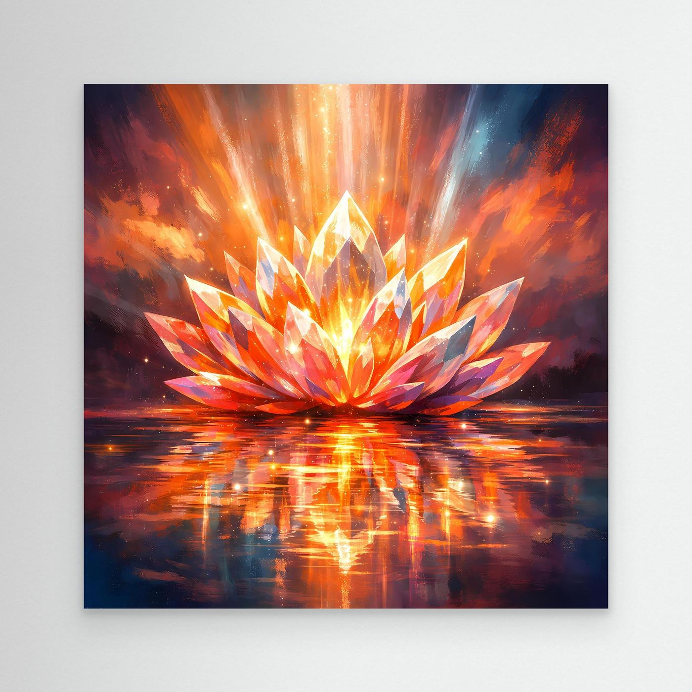Leinwandbild mit leuchtender Lotusblüte in warmen Orange- und Blautönen, mit Spiegelung