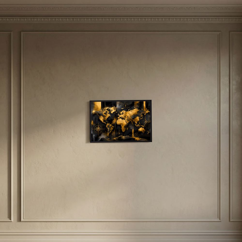 Kleines Wandbild mit gerahmter Weltkarte, goldenen Kontinenten und Kompass auf Schwarz