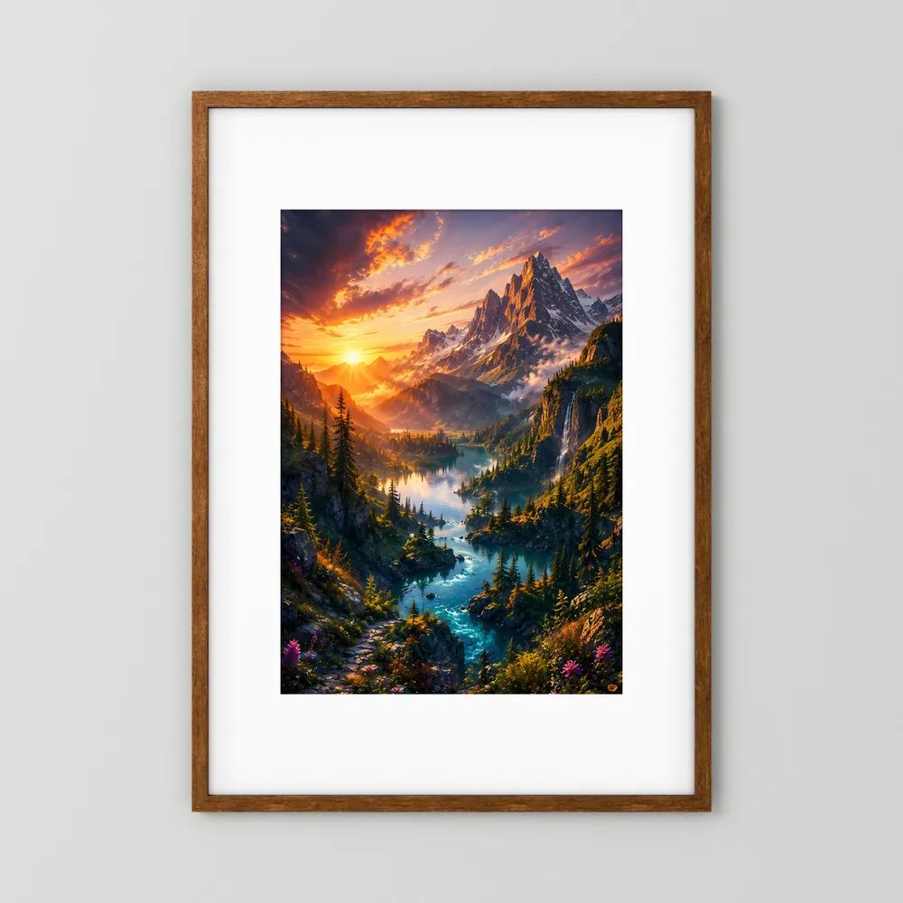Holzrahmen-Poster (Hochformat) mit Berglandschaft, Sonnenuntergang und türkisfarbenem See