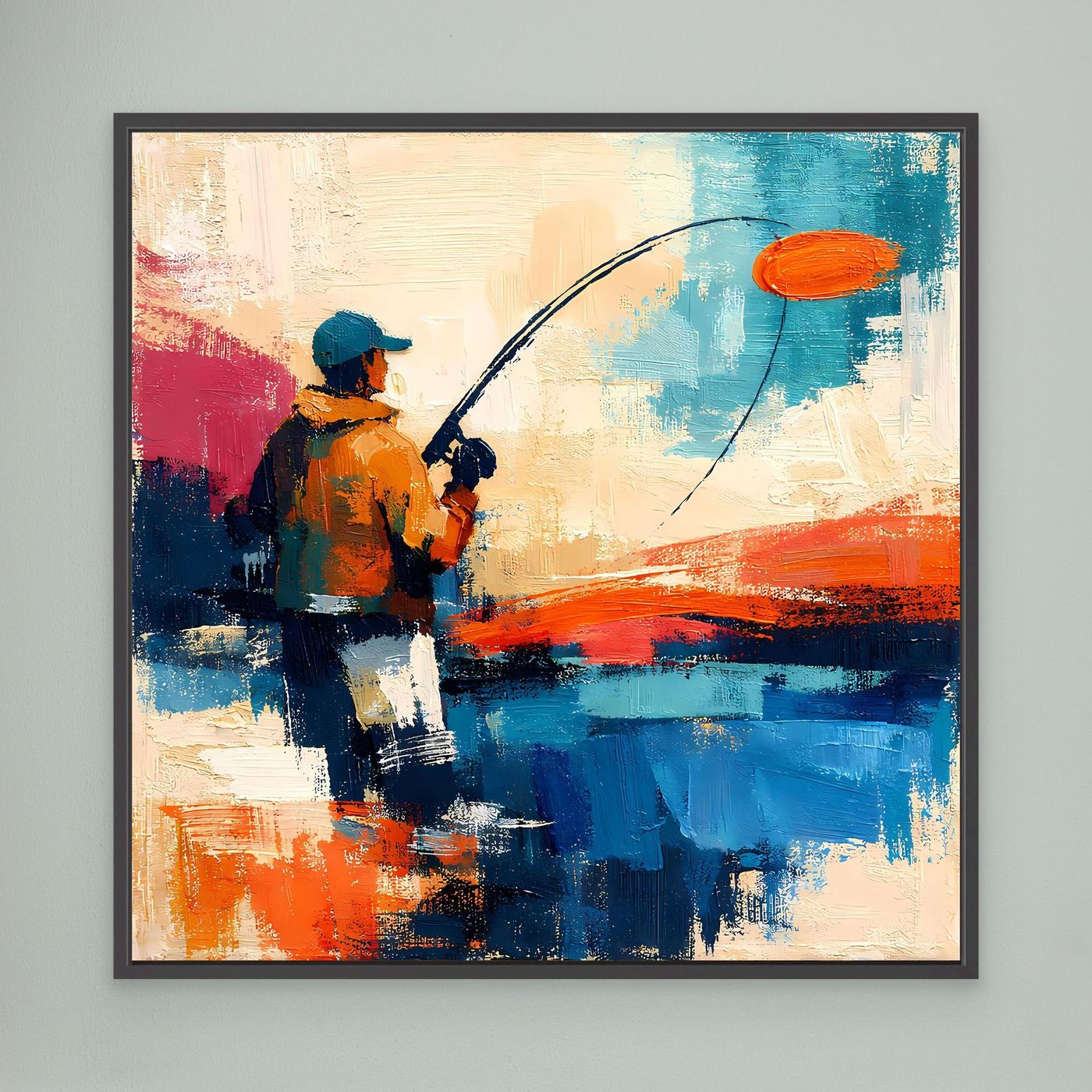 Abstract canvas wall art with an angler holding a fishing rod; orange, blue, and red; black frame.