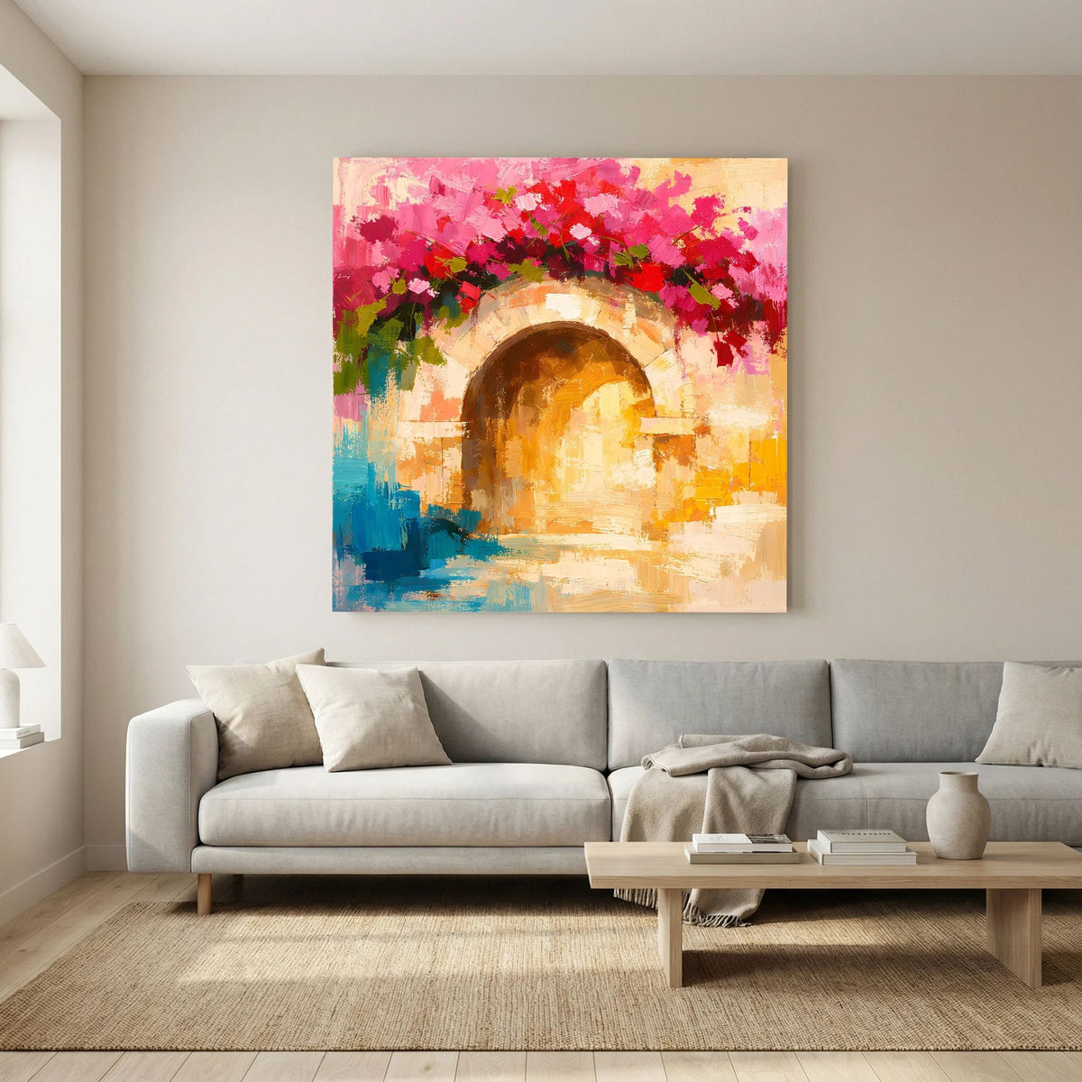 Leinwand-Wandbild mit Torbogen und Bougainvillea in Pink, Gelb und Blau