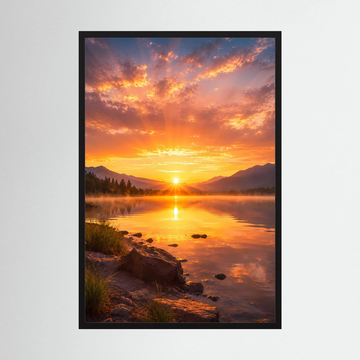 Hochformat-Poster Sonnenuntergang am Bergsee im schwarzen Rahmen