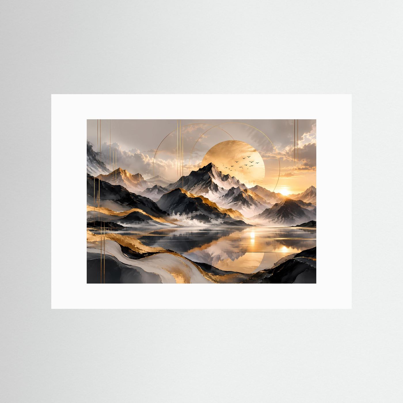 Abstrakte Berglandschaft Poster | Goldene Berge mit See | Moderne Landschaft Kunst | Panorama Wandbild | Elegante Leinwand mit Goldakzenten