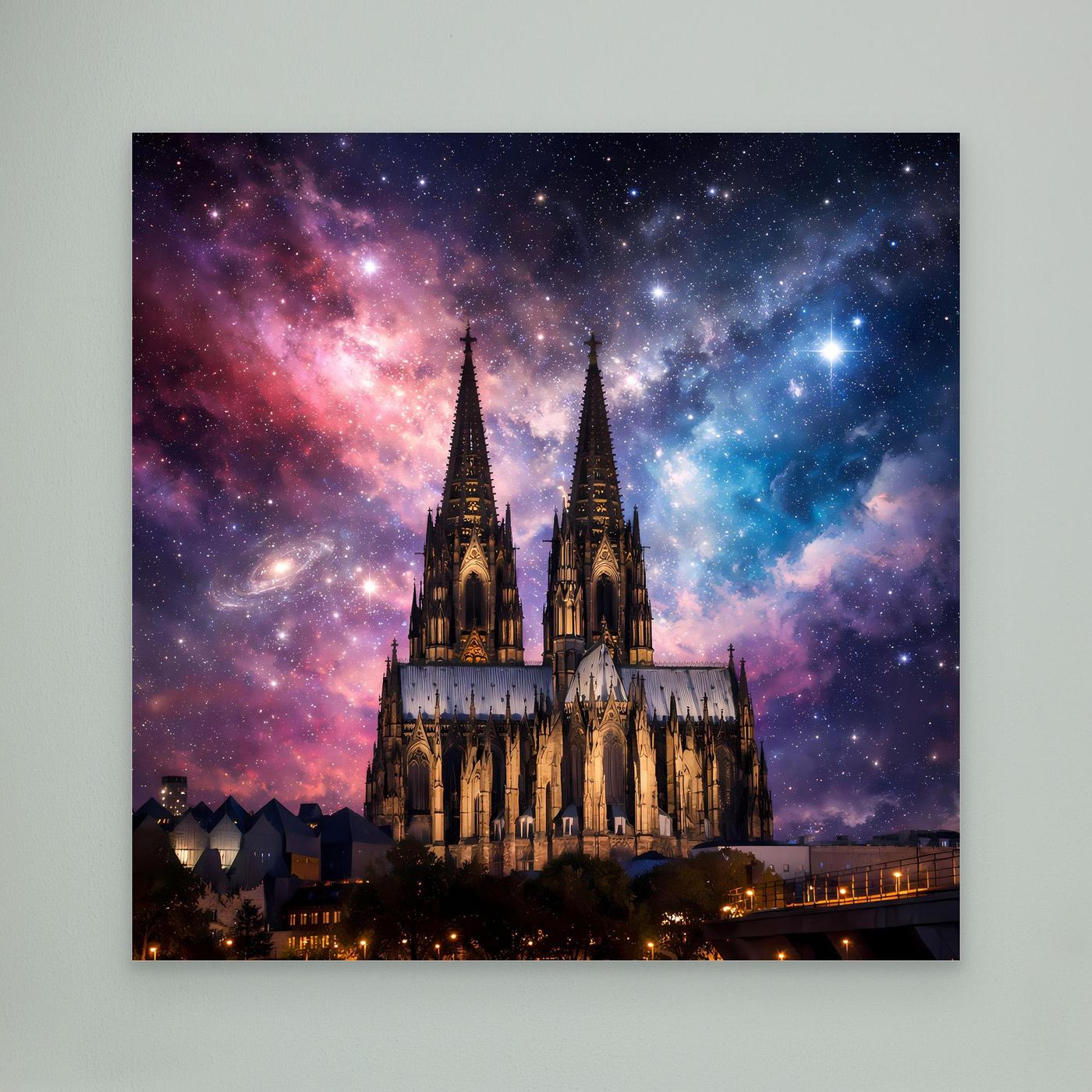 Leinwand Kosmischer Kölner Dom bei Nacht | Abstraktes Galaxie Wandbild