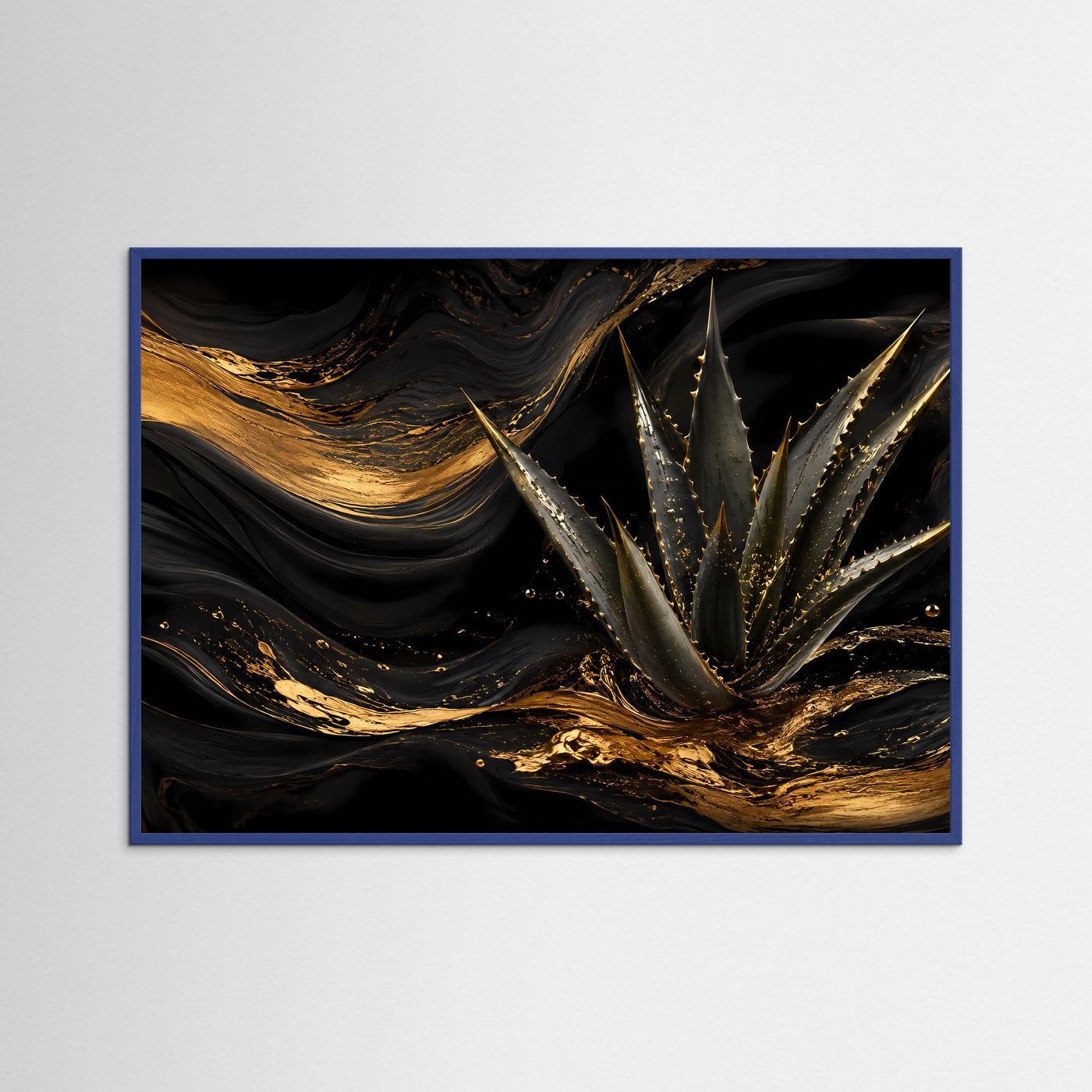 Querformat-Poster mit abstrakter Aloe in Schwarz und Gold, blauer Rahmen
