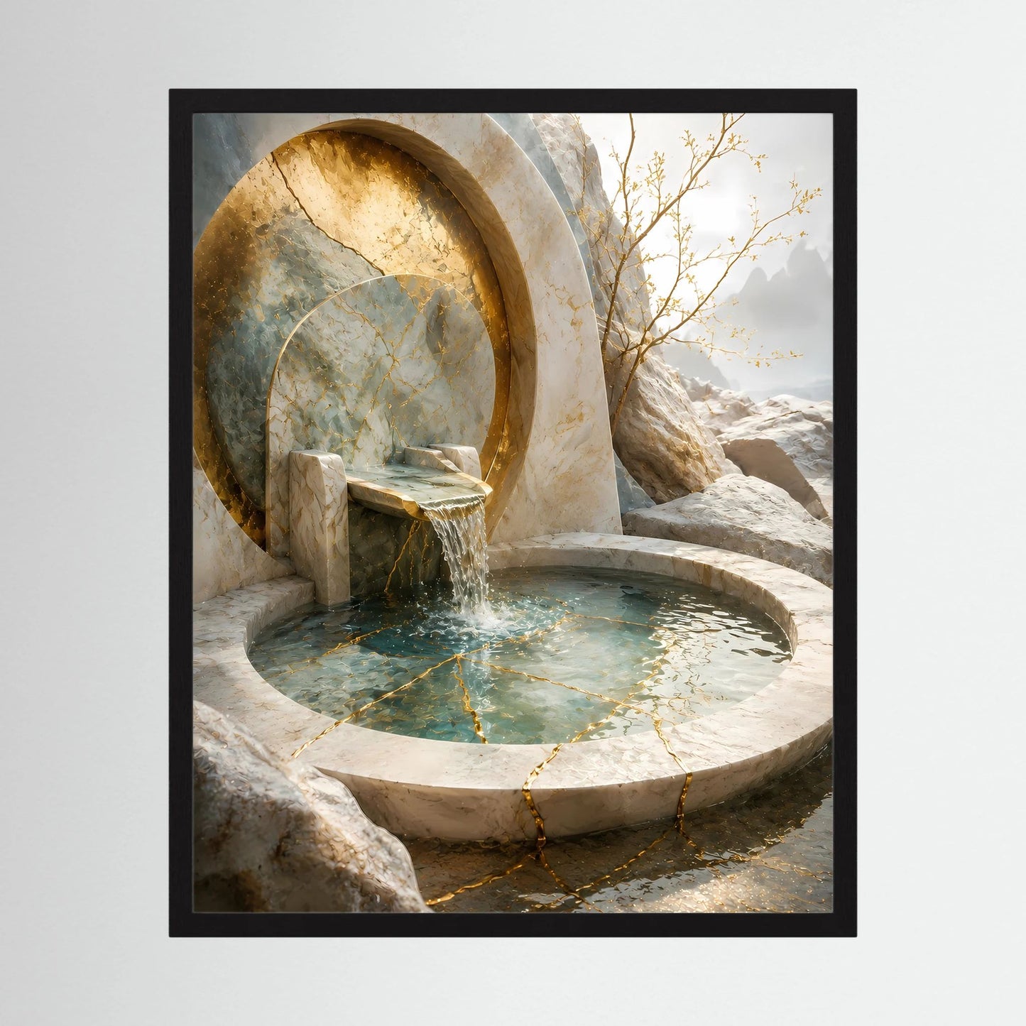 Hochformat-Poster im schwarzen Rahmen mit rundem Steinbrunnen, Wasserstrahl und Goldakzenten