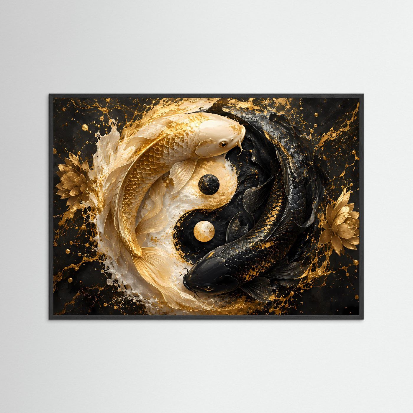 Yin Yang Koi Poster | Goldene und Schwarze Koi Fische Wandkunst | Luxuriöses Feng Shui Wandbild | Abstrakte Zen Kunst | Premium Wall Art