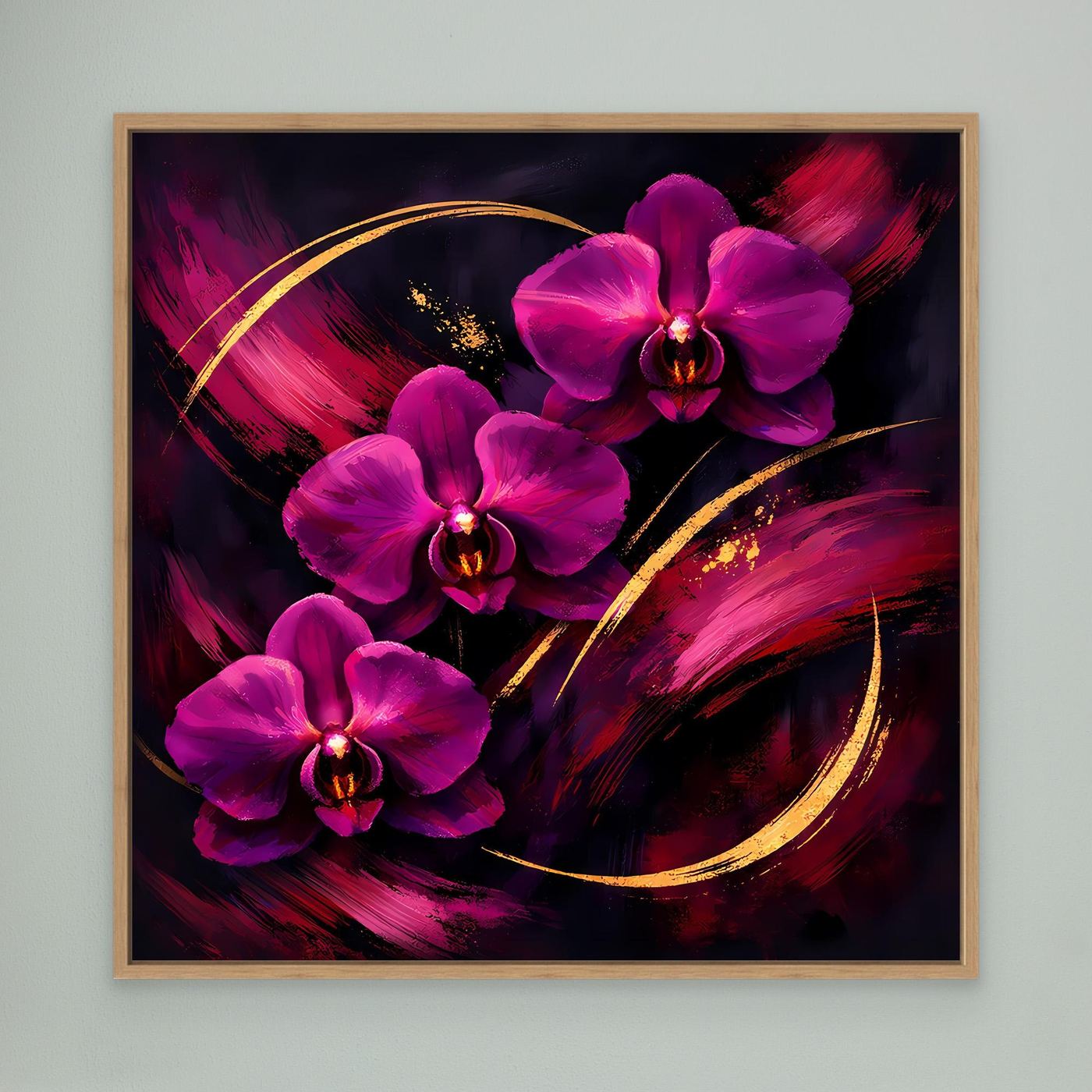 Leinwandbild mit magenta Orchideen und goldenen Linien, heller Holzrahmen
