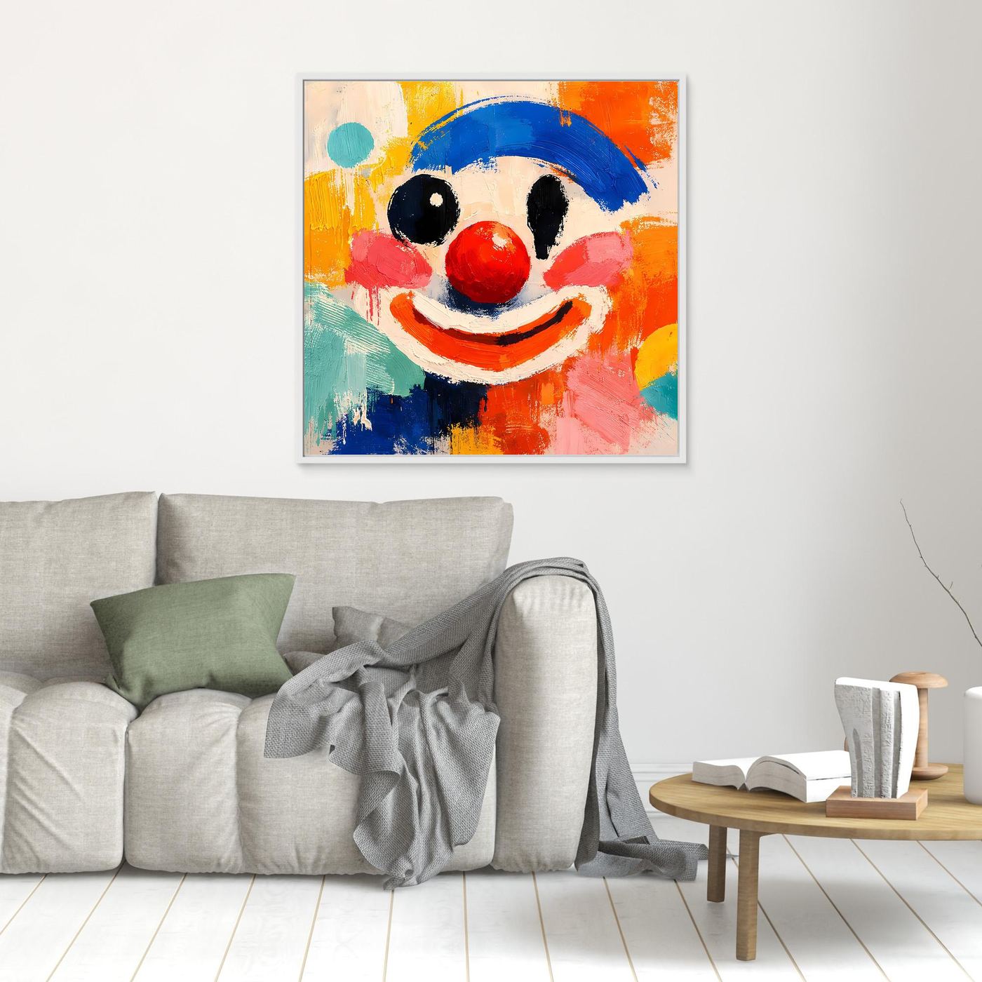 Kleines gerahmtes Leinwand-Wandbild mit abstraktem Clown-Gesicht, blauem Hut und roter Nase, silberner Rahmen.