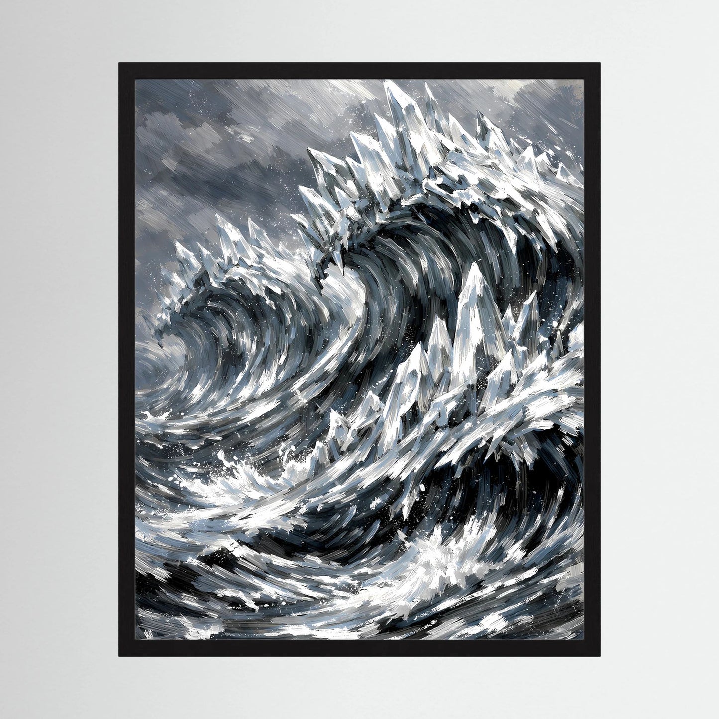 Gerahmtes Hochformat-Poster: abstrakter Wellensturm in Schwarzweiß, schwarze Rahmenkante