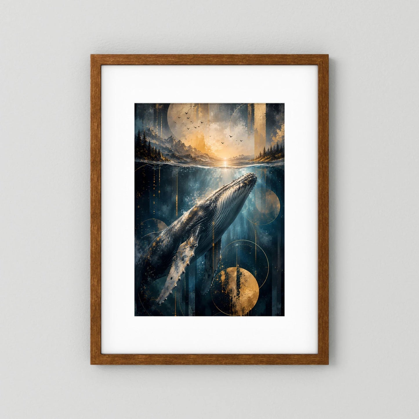 Poster im Hochformat: Wal unter Wasser, Ozeanlandschaft in Blau und Gold, brauner Holzrahmen