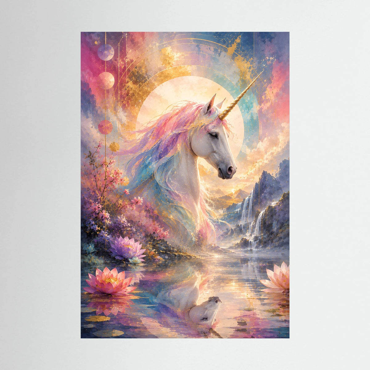 Einhorn-Kunstposter: weißes Einhorn mit Regenbogenmähne und Lotusteich im Pastellstil