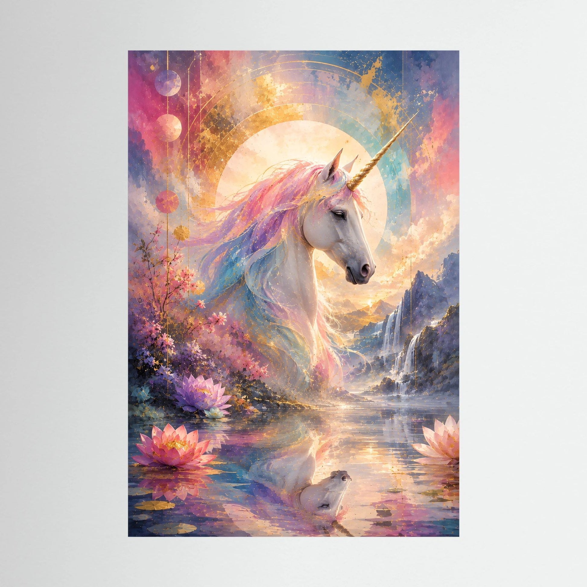 Einhorn-Kunstposter: weißes Einhorn mit Regenbogenmähne und Lotusteich im Pastellstil