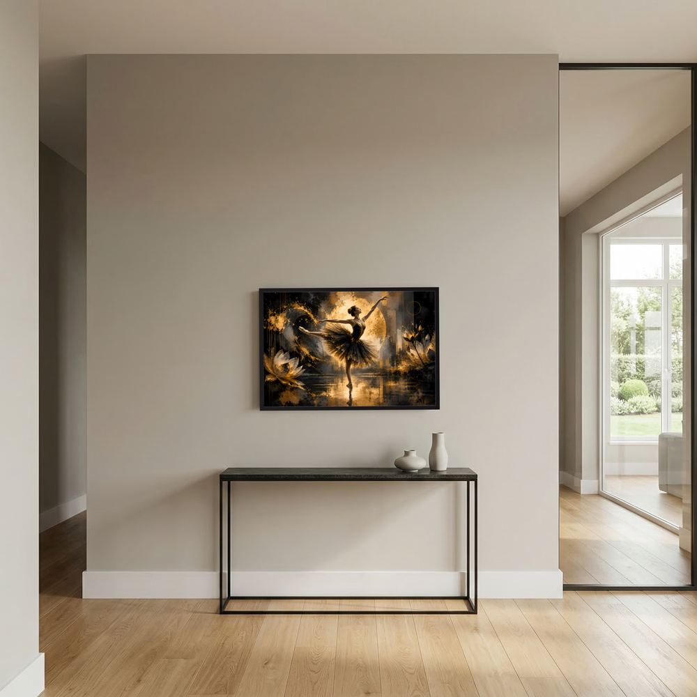 Wandposter mit Ballerina in Schwarz und Gold, schwarzer Rahmen vor Konsole