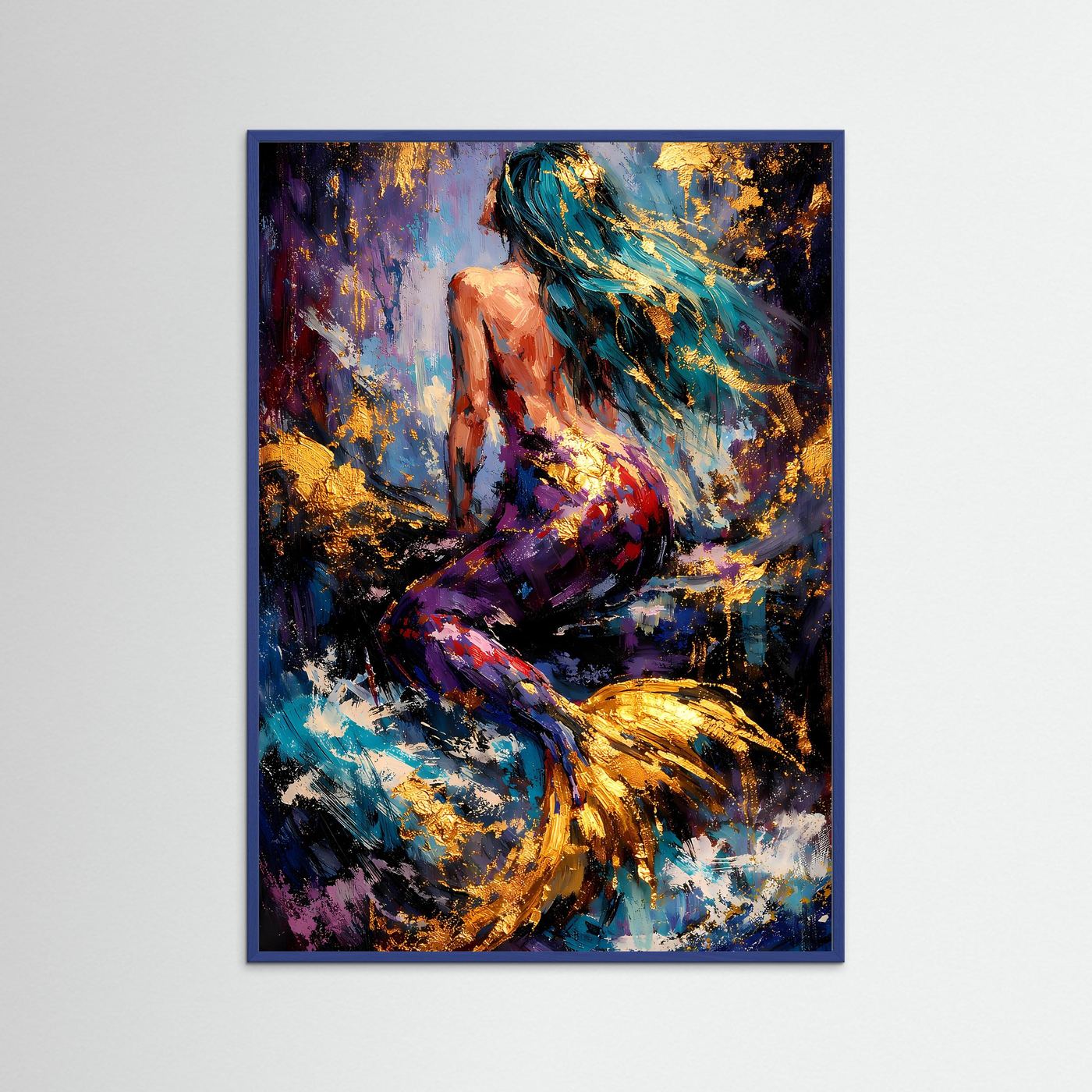 Meerjungfrau-Poster im abstrakten Stil mit Türkis-, Violett- und Goldtönen im blauen Holzrahmen