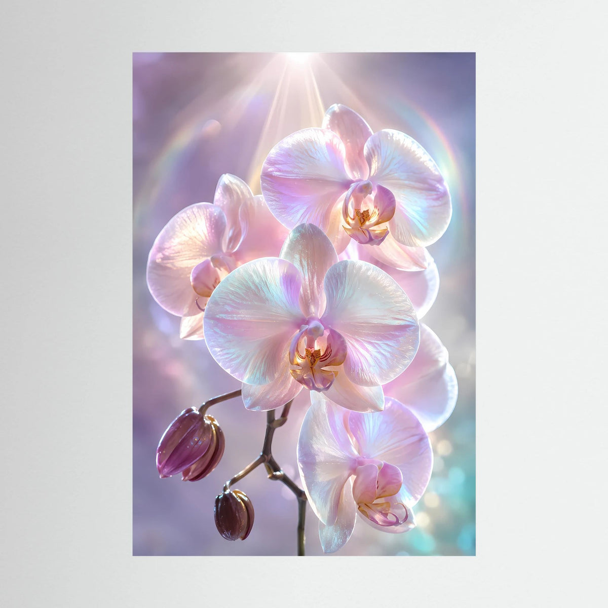 Kunstposter mit schimmernden Orchideenblüten in zartem Rosa und Perlmutt, Hochformat