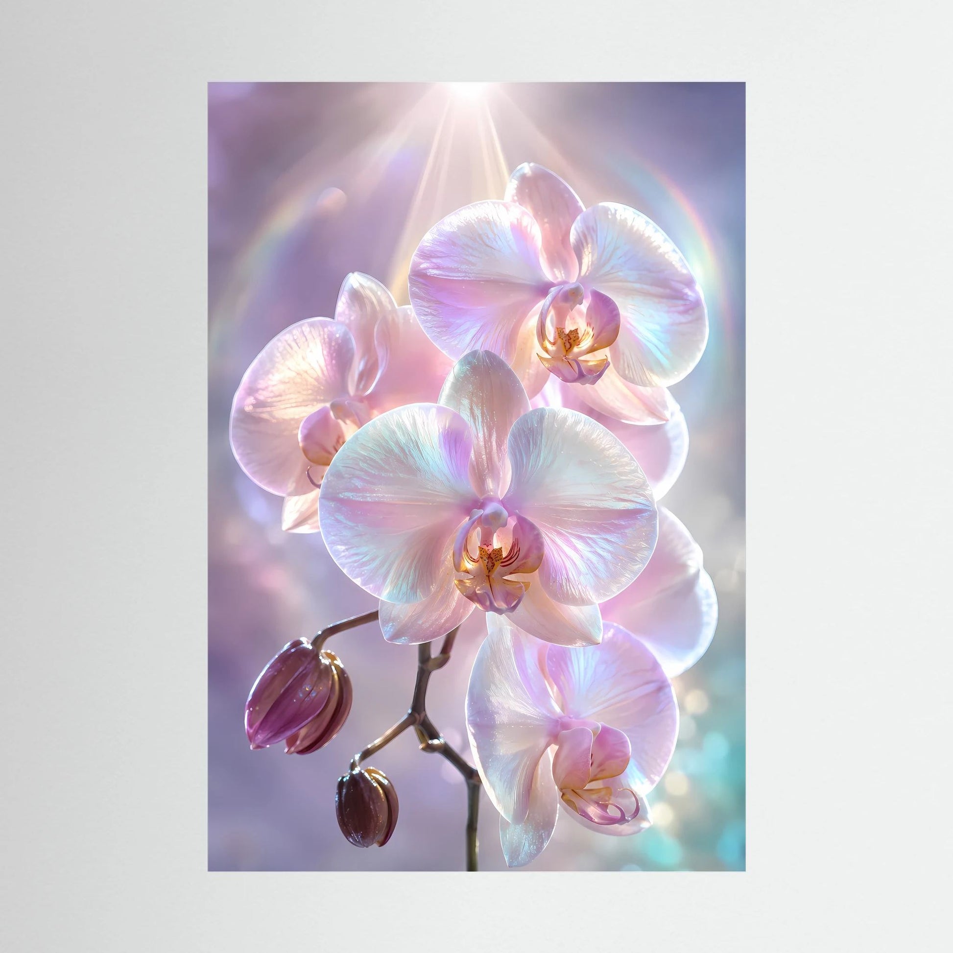 Kunstposter mit schimmernden Orchideenblüten in zartem Rosa und Perlmutt, Hochformat