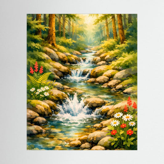 Wasserfall-Wandposter mit Bachlauf, grünen Bäumen und bunten Blumen im Vordergrund