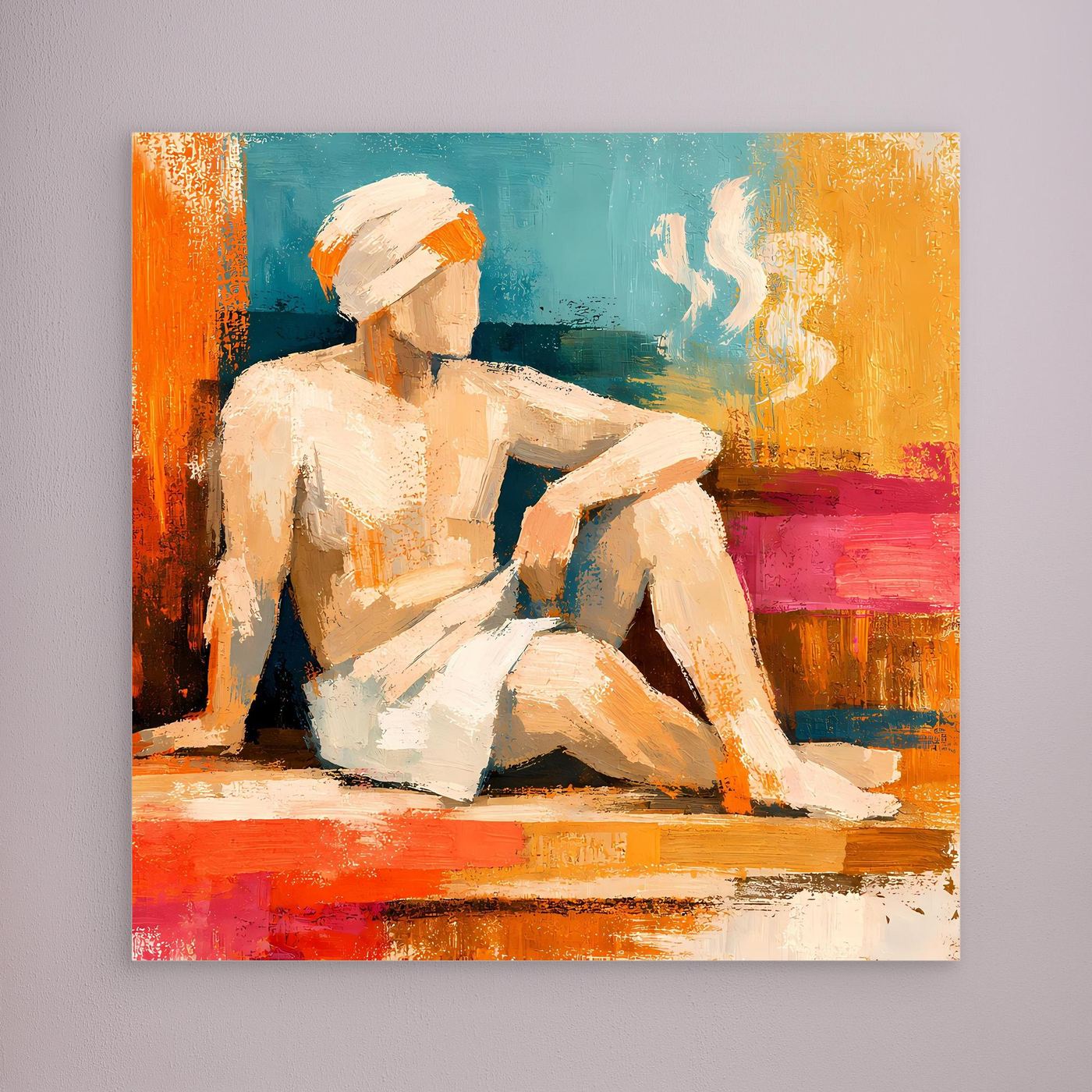 Abstract canvas wall art with seated figure, teal and orange paint, no frame