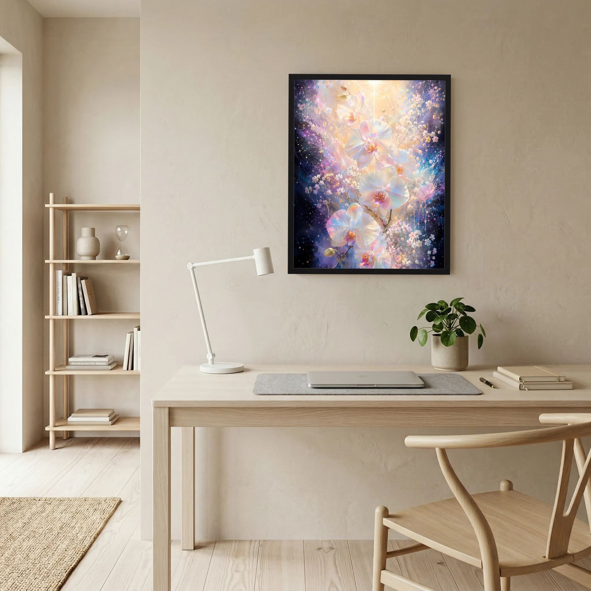Gerahmtes Hochformat-Poster: Orchideen-Grafik in Pastell und Gold, leuchtender Stil