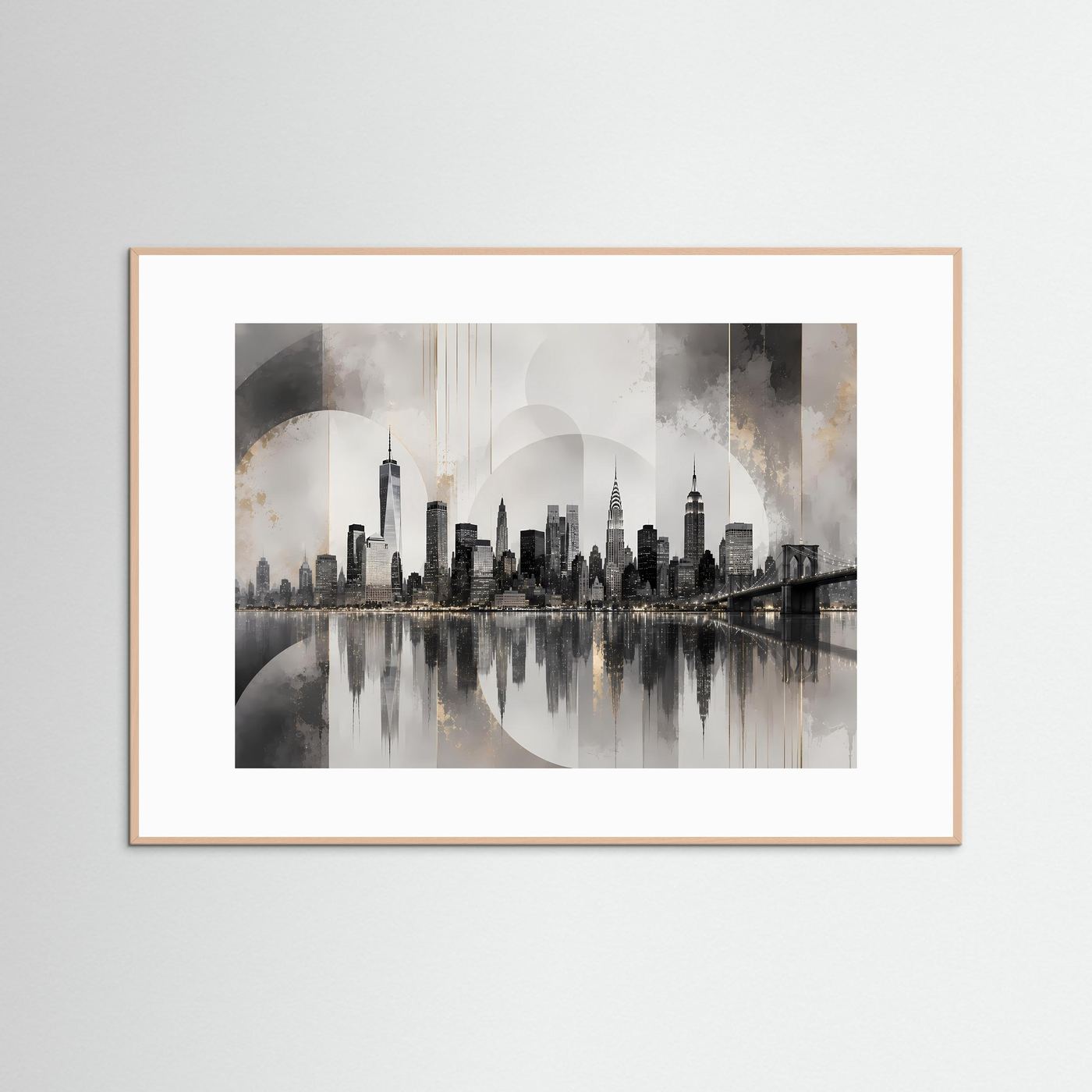 Poster im Querformat mit hellem Holzrahmen, Skyline-Print mit Brücke und Spiegelung