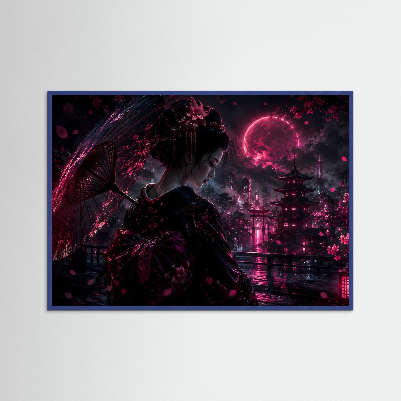 Geisha bei Nacht in Neon Pink | Japanische Cyberpunk Kunst mit Mond & Pagode