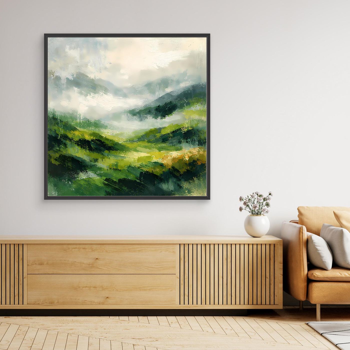 Leinwand Abstraktes Hügellandschaft Gemälde | Modernes Grünes Tal Wandbild Natur