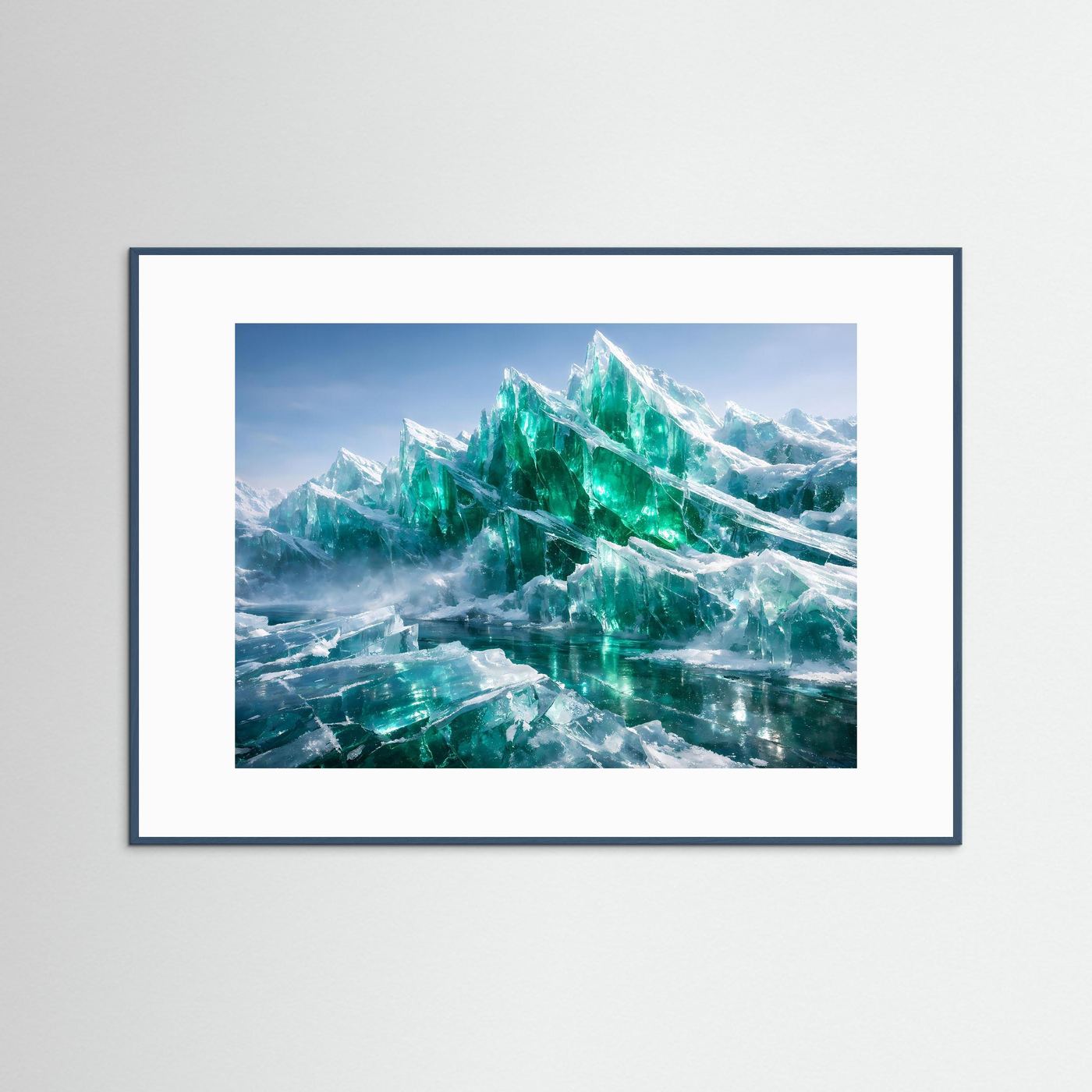 Poster mit smaragdgrünen Eisbergen, blauer Rahmen, helle Einfassung