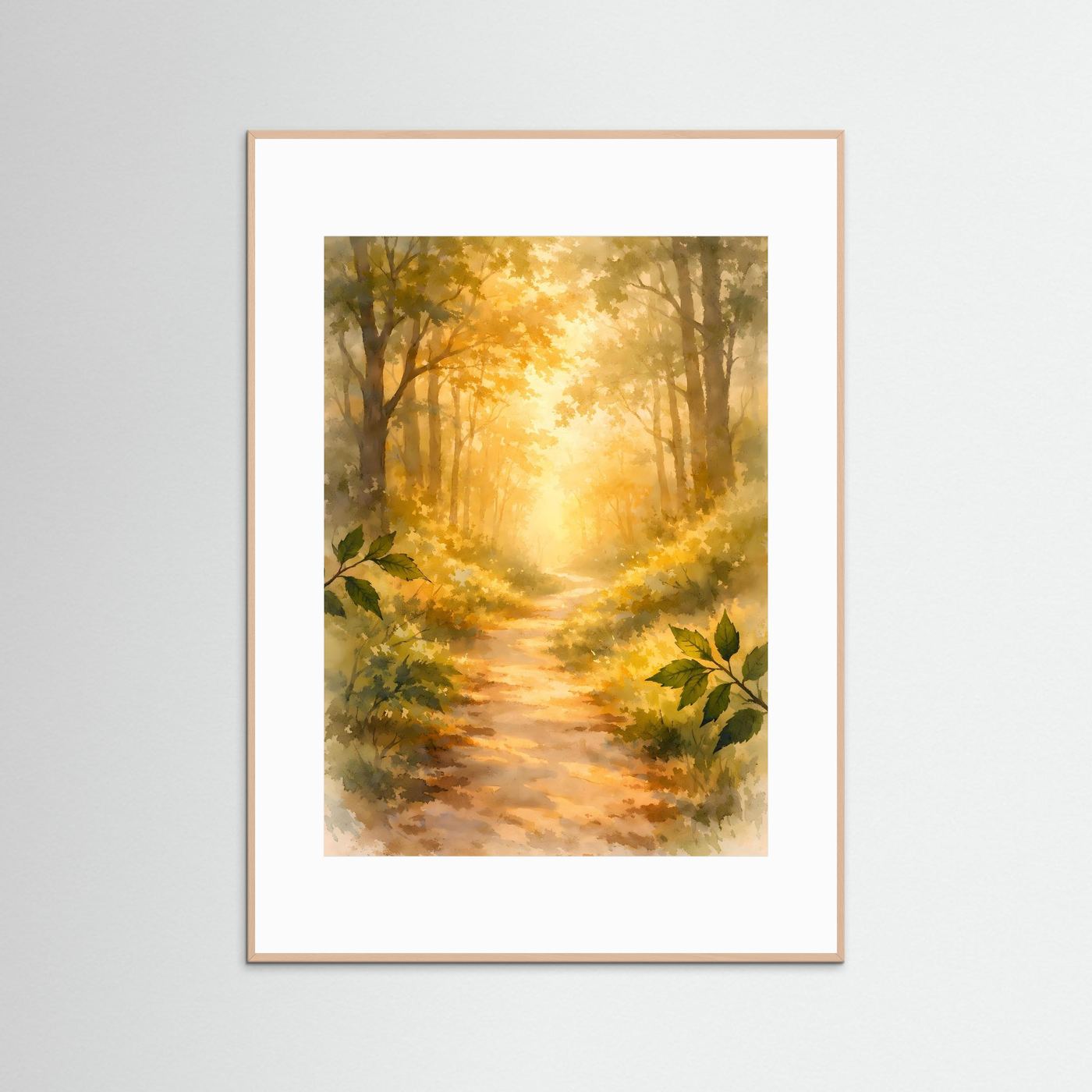 Natur-Kunstposter mit Aquarell-Waldweg, goldgelb & grün, weißer Rahmen im Hochformat