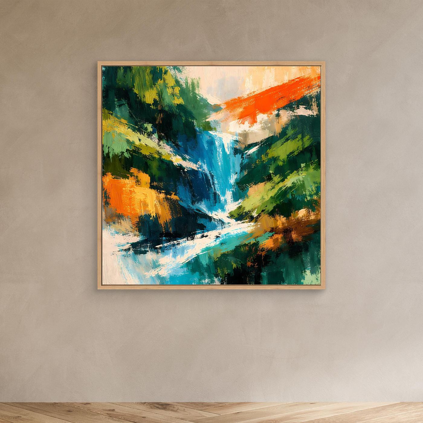 Abstraktes Leinwand-Wandbild mit Wasserfall in Türkis und Grün, im hellen Holzrahmen