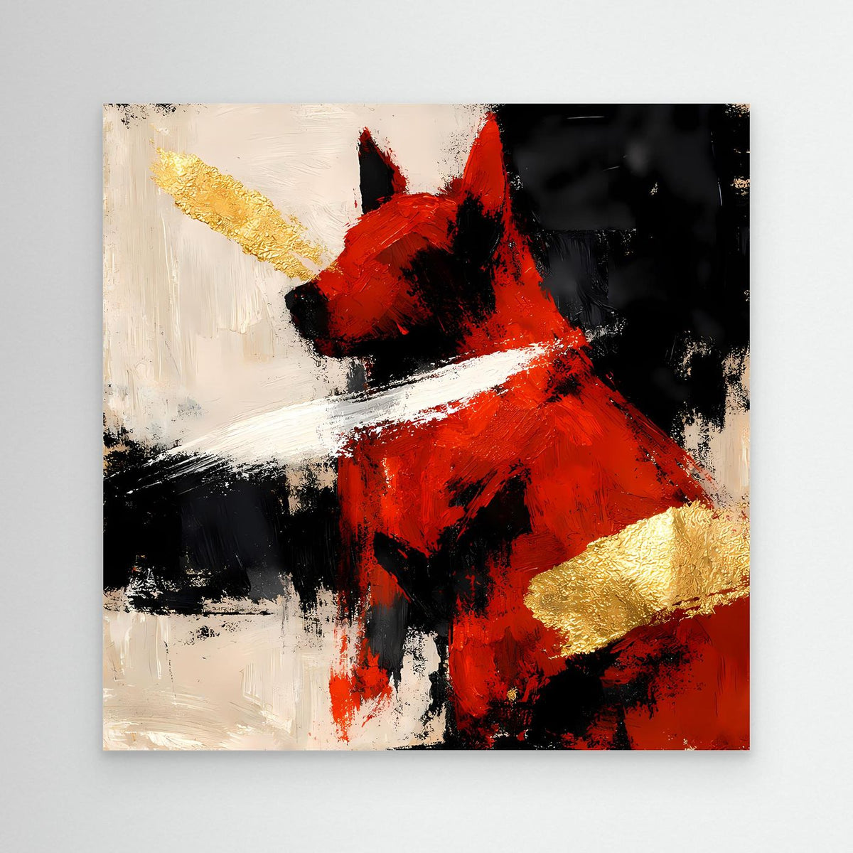 Leinwandbild mit abstraktem Hund in Rot und Gold, schwarze Pinselspuren
