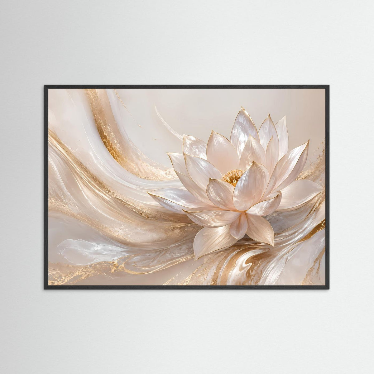 Querformat-Poster mit Lotusblüte in Creme und Gold im schwarzen Rahmen