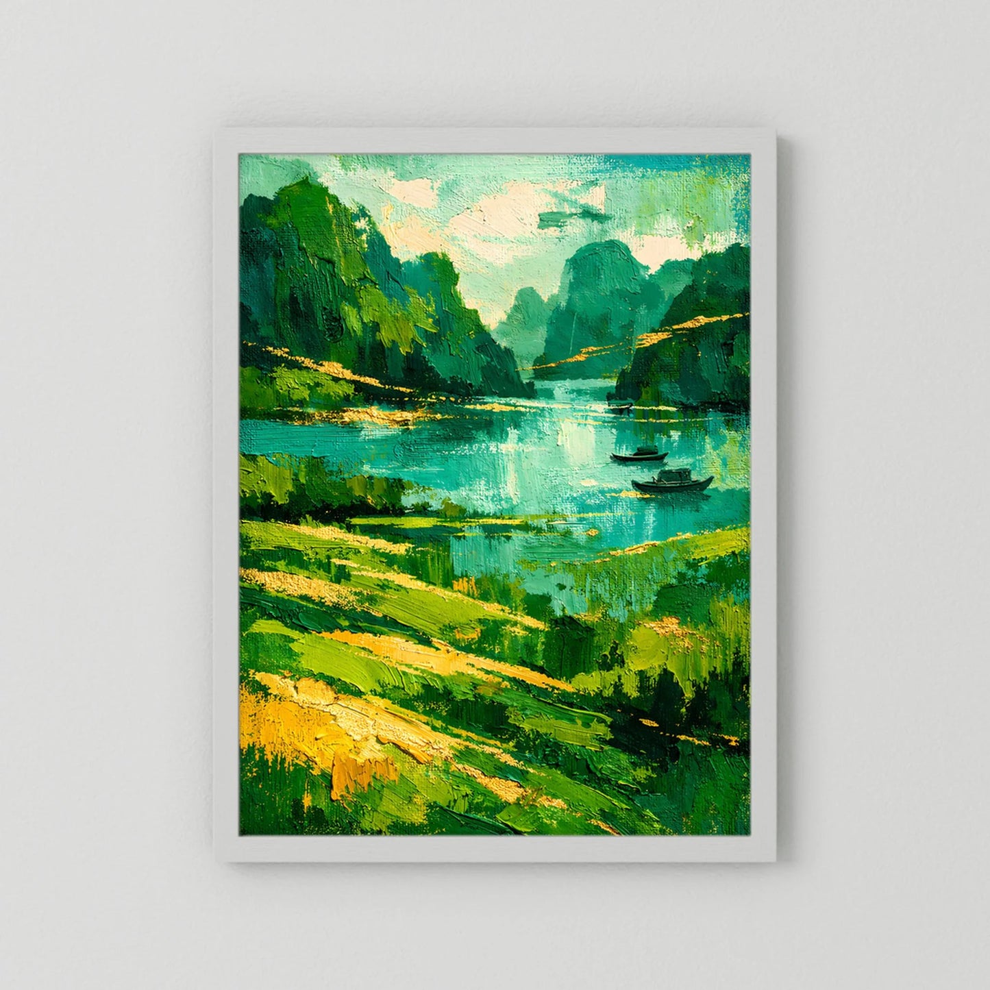 Kunstposter mit weißem Rahmen: grüne Flusslandschaft mit Booten