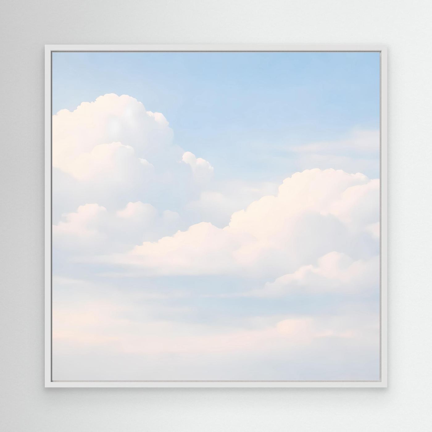 Quadratisches Leinwandbild mit pastellfarbenen Wolken am hellblauen Himmel, weißer Rand